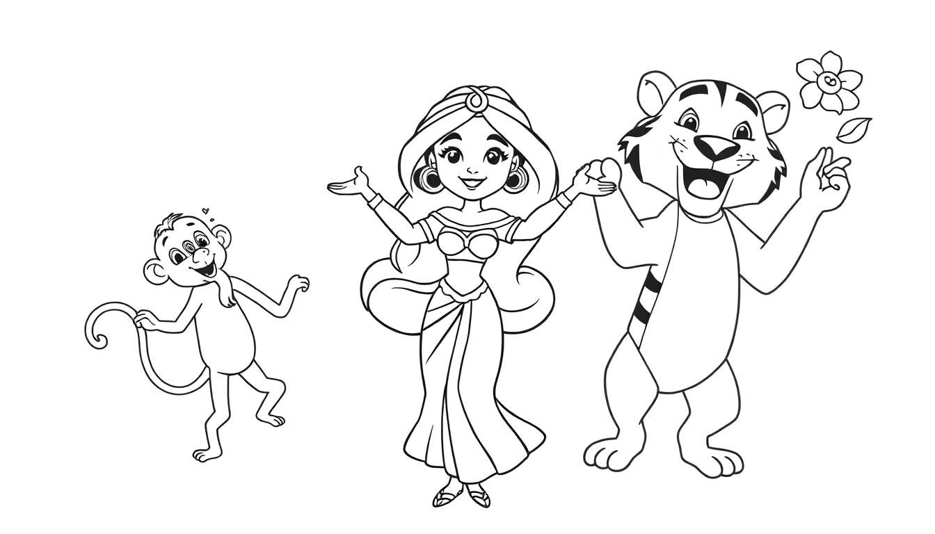 Página para colorear de Jazmín, Abu y Rajah, estilo lindo y simple, blanco y negro.