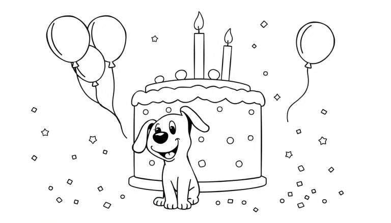 Página para colorear de un cachorro feliz con un pastel de cumpleaños de dos pisos, globos y confeti.