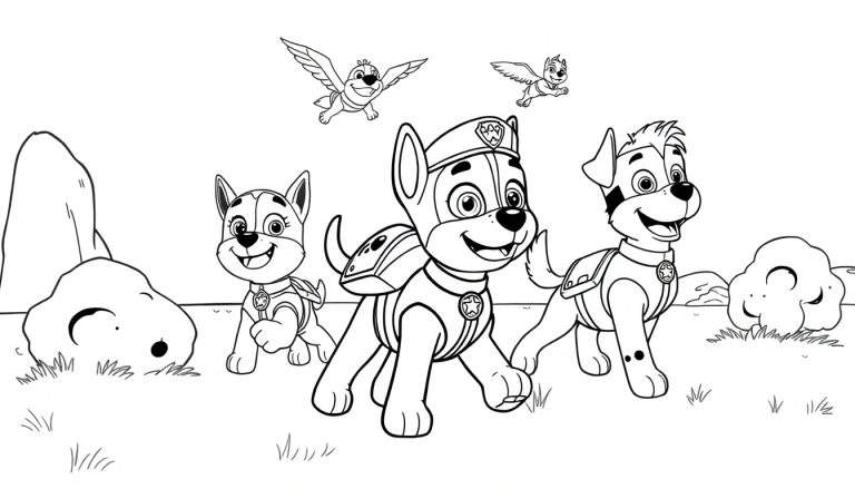 La Patrulla Canina lista para colorear, con cachorros volando y en tierra.