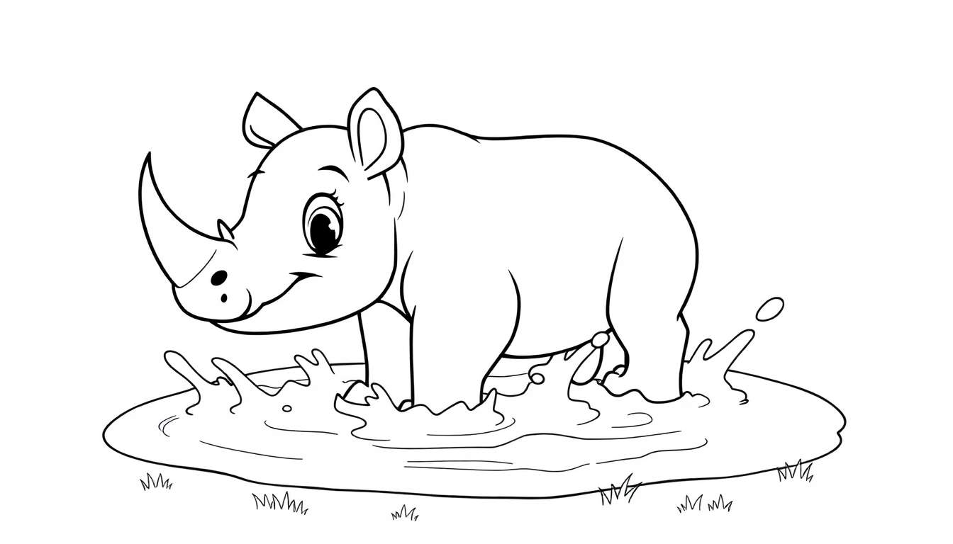 Un rinoceronte bebé de dibujos animados en blanco y negro jugando en el barro, listo para colorear, en una placa de color.