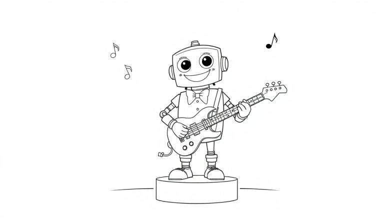 Un robot tocando un bajo en una placa de color.