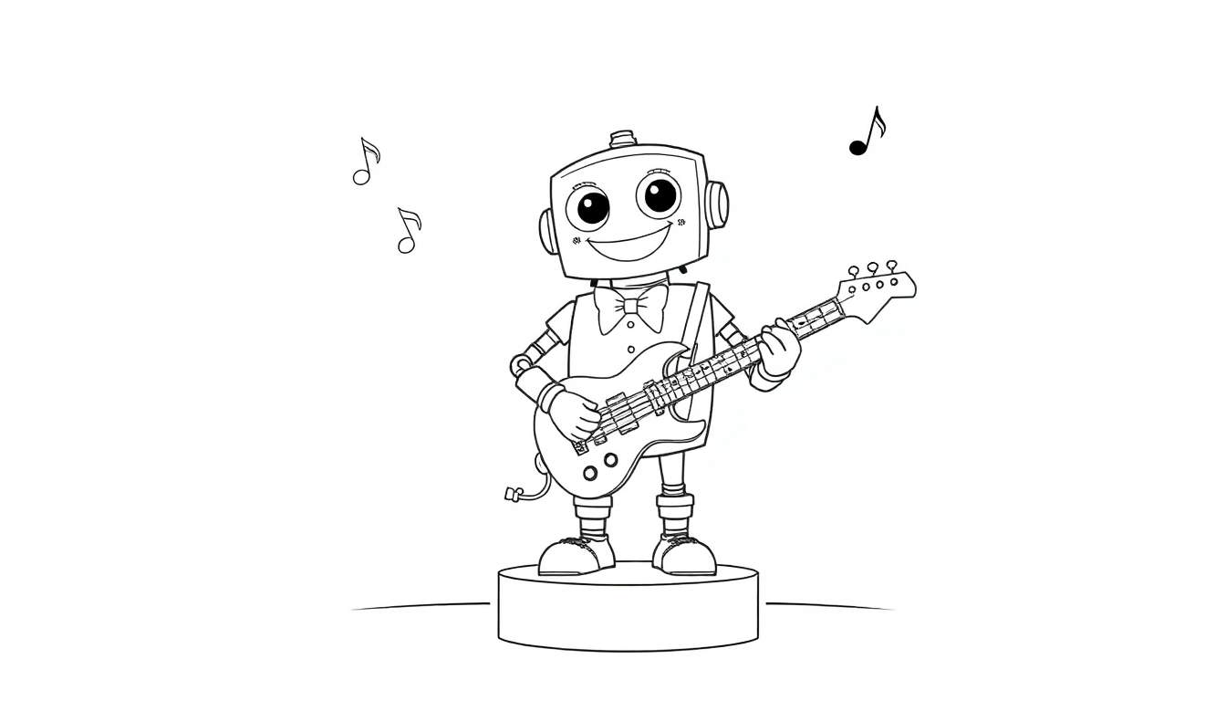 Un robot tocando un bajo en una placa de color.