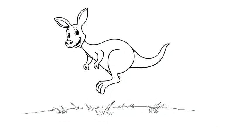 Un canguro de dibujos animados salta sobre hierba, listo para ser coloreado. Página de colorear de canguro, placa de color.