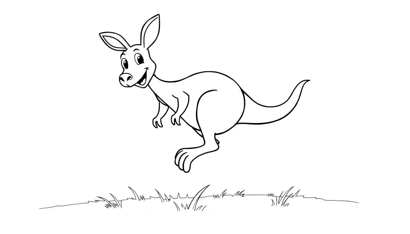Un canguro de dibujos animados salta sobre hierba, listo para ser coloreado. Página de colorear de canguro, placa de color.