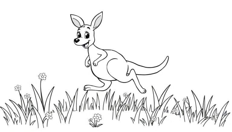Un lindo canguro salta alegremente en un campo verde, listo para ser coloreado en la placa de color.
