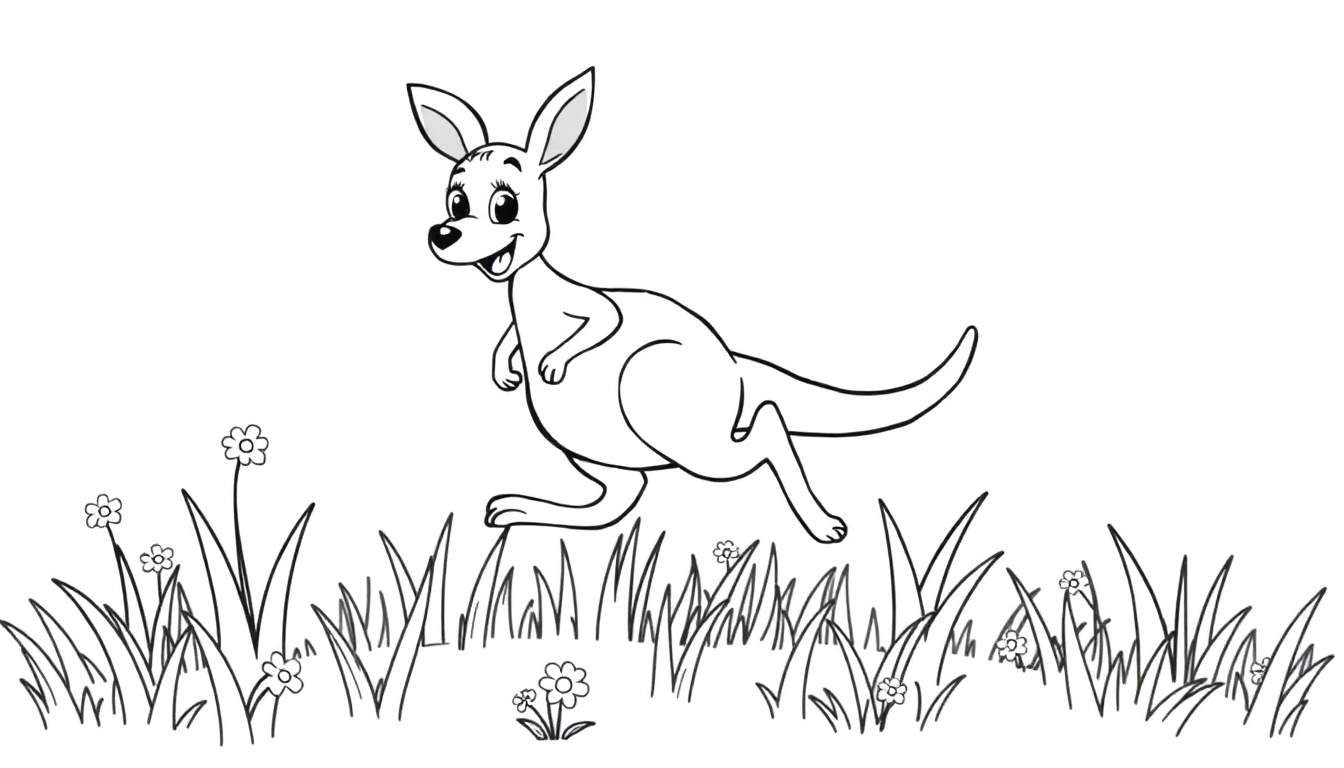 Un lindo canguro salta alegremente en un campo verde, listo para ser coloreado en la placa de color.