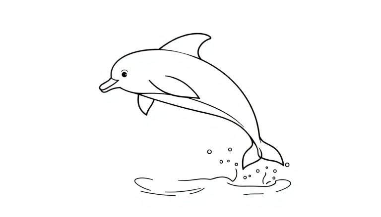 Placa para colorear: un dibujo lineal de un delfín saltando felizmente del agua.