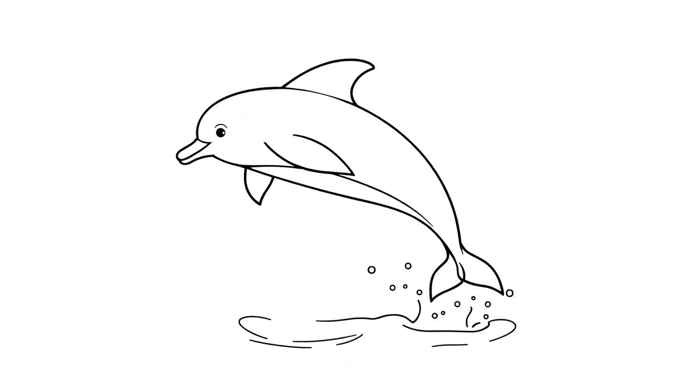 Placa para colorear: un dibujo lineal de un delfín saltando felizmente del agua.