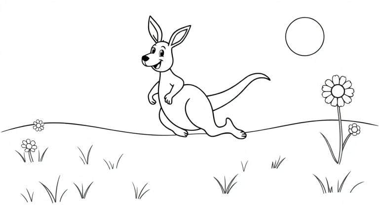 Un canguro amigable saltando en un campo, listo para ser coloreado en una placa de color.