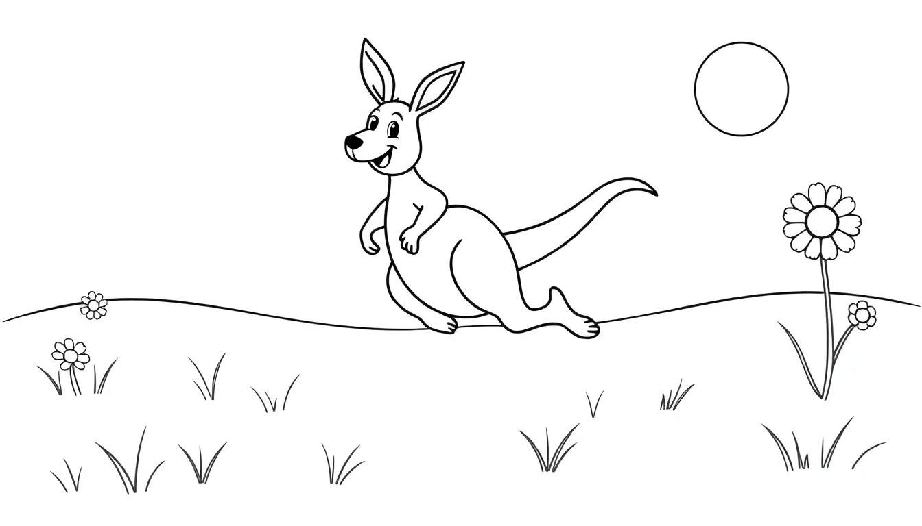 Un canguro amigable saltando en un campo, listo para ser coloreado en una placa de color.