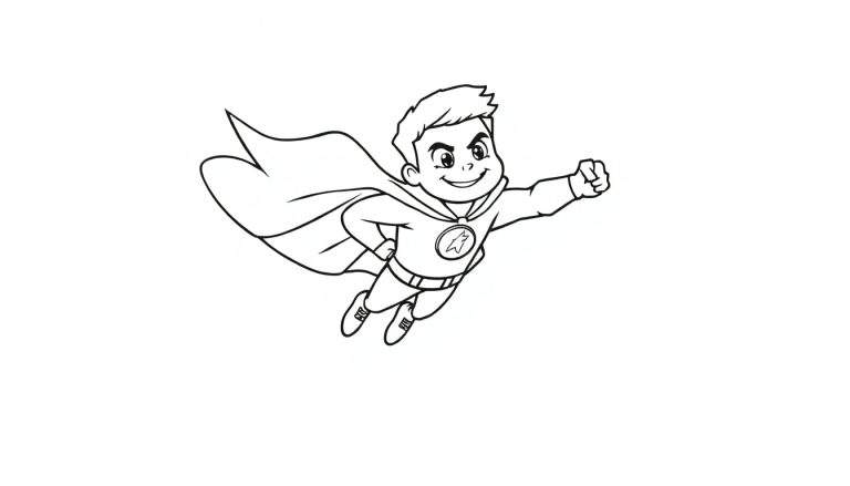 Un dibujo en blanco y negro de un superhéroe infantil sonriente volando con una capa ondeante, listo para la acción.