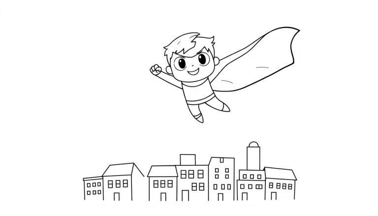 Placa de color de un pequeño superhéroe con capa volando feliz sobre una ciudad.