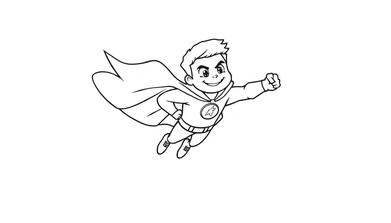 Un dibujo en blanco y negro de un superhéroe infantil sonriente volando con una capa ondeante, listo para la acción.