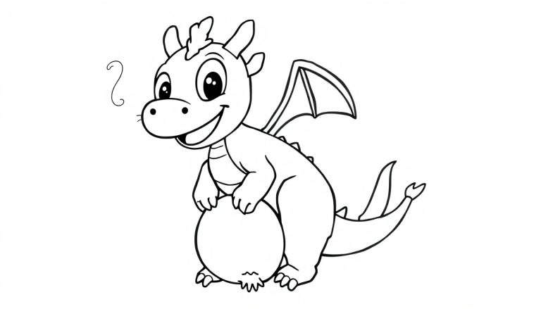 Un dragón de caricatura sonriente con alas pequeñas y una placa de color para colorear.