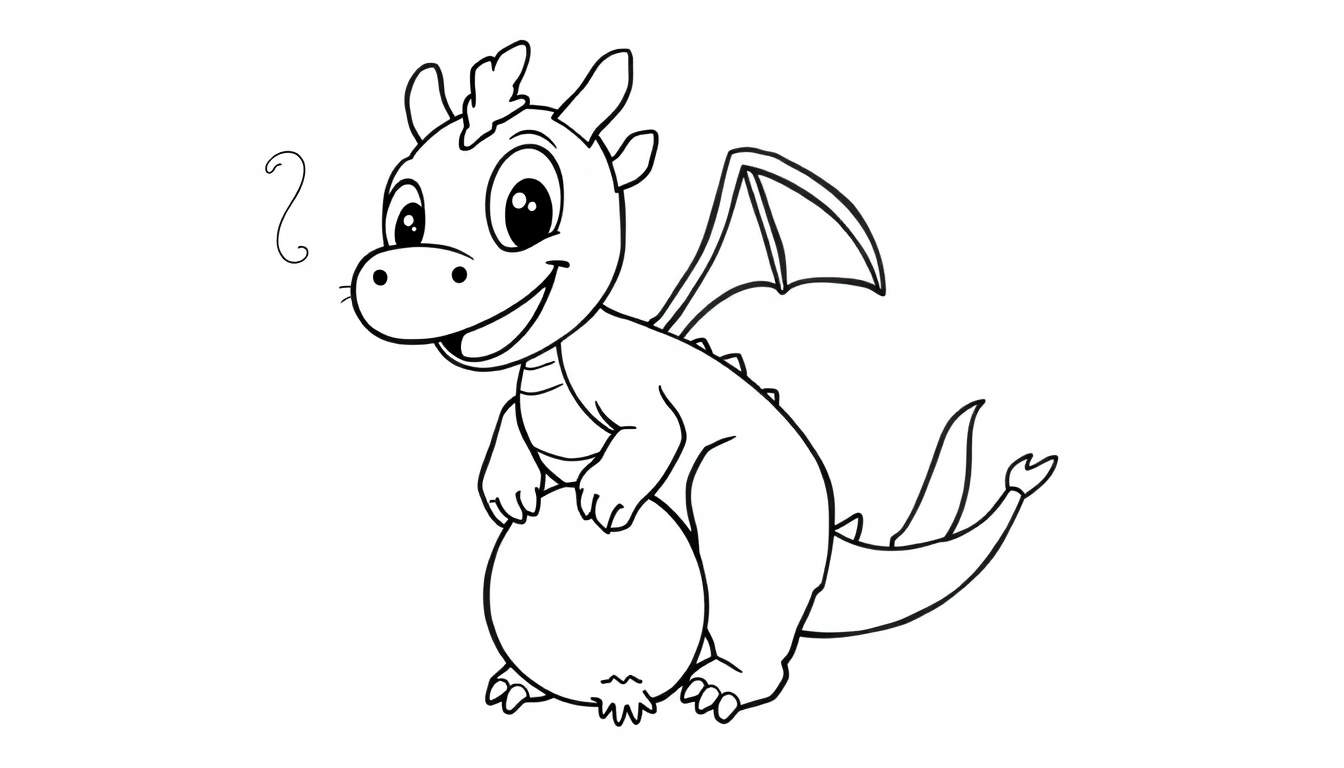 Un dragón de caricatura sonriente con alas pequeñas y una placa de color para colorear.
