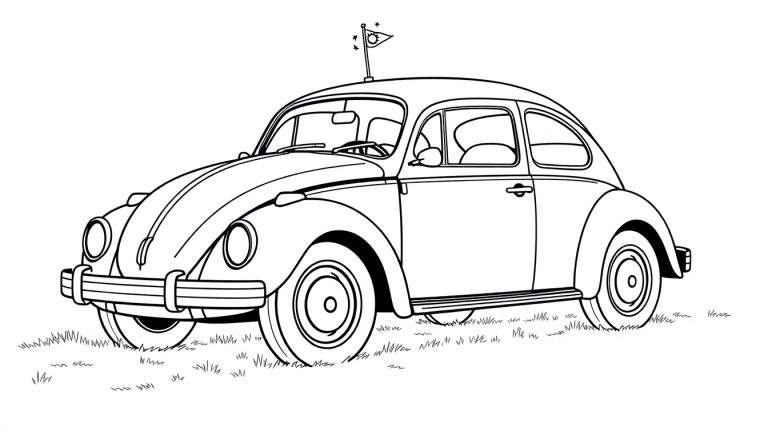 Un Volkswagen Beetle clásico blanco y negro para colorear con un asta de bandera en el techo, listo para una aventura de la placa de color.