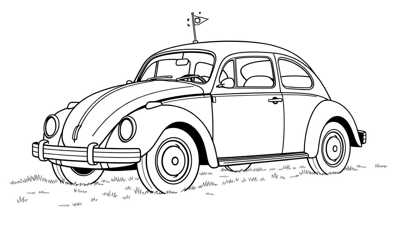Un Volkswagen Beetle clásico blanco y negro para colorear con un asta de bandera en el techo, listo para una aventura de la placa de color.