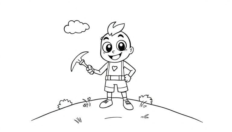 Placa de color de un niño sonriente de Fortnite con un pico, listo para la acción.