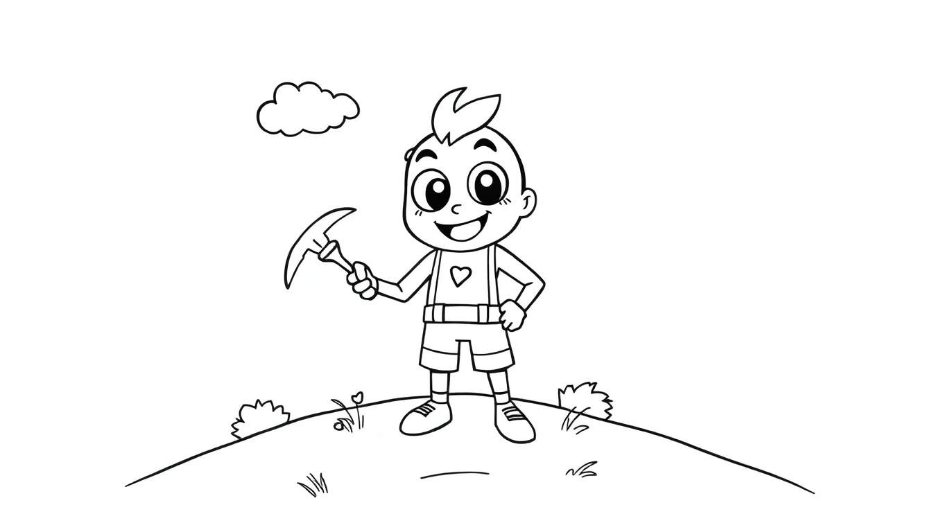 Placa de color de un niño sonriente de Fortnite con un pico, listo para la acción.
