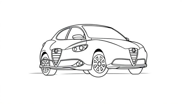 Un dibujo lineal de un coche deportivo Alfa Romeo listo para colorear, con la invitación a usar la placa de color.