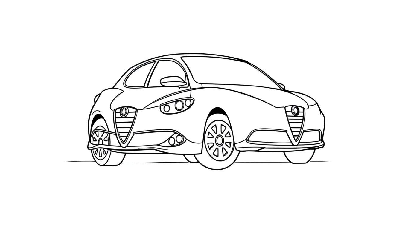 Un dibujo lineal de un coche deportivo Alfa Romeo listo para colorear, con la invitación a usar la placa de color.