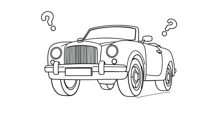 Un dibujo lineal de un coche descapotable clásico con signos de interrogación, listo para añadir su placa de color.