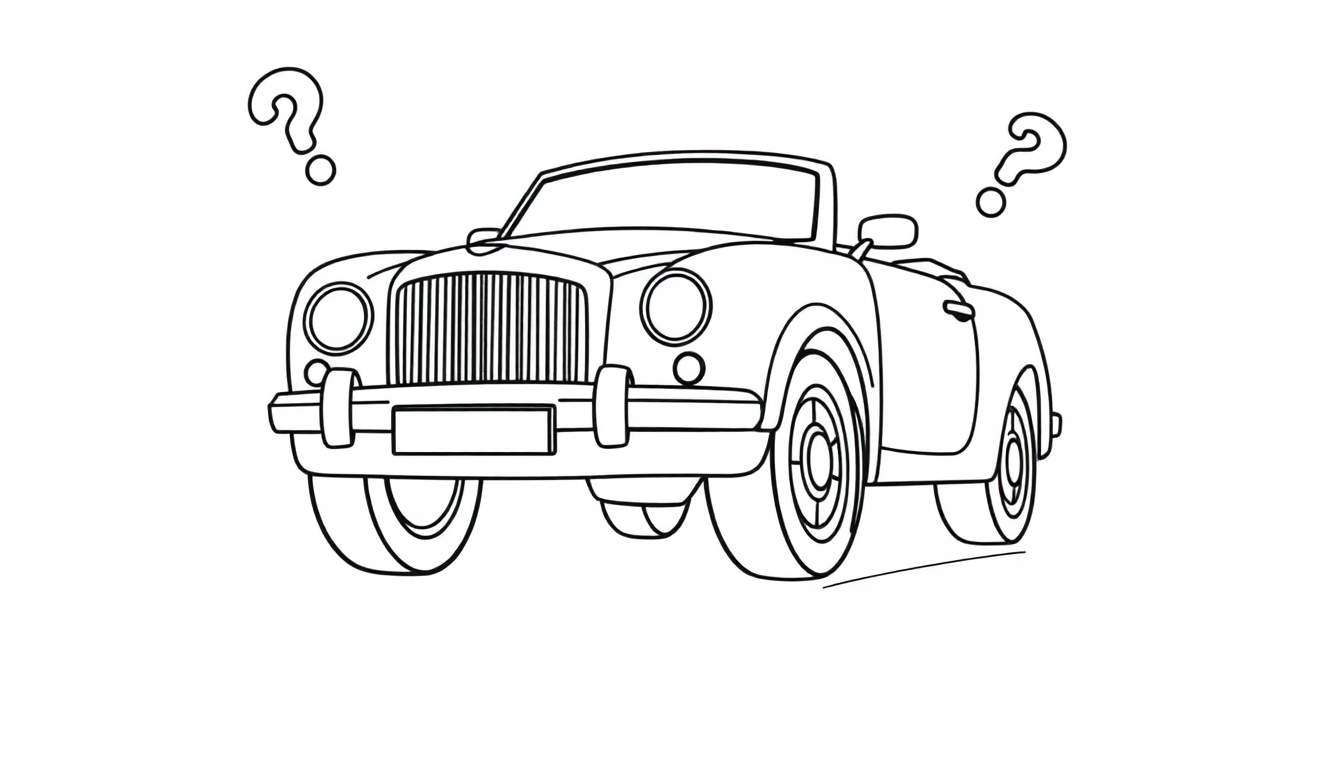Un dibujo lineal de un coche descapotable clásico con signos de interrogación, listo para añadir su placa de color.