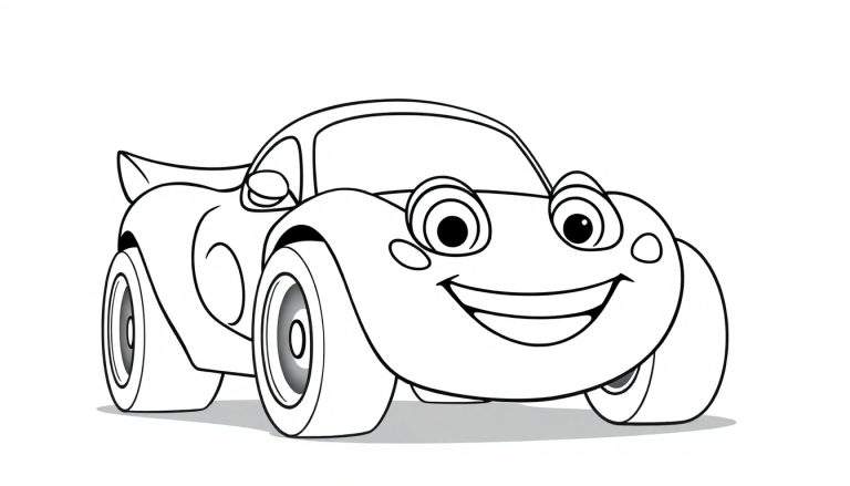 Un coche de carreras sonriente listo para colorear, con contornos gruesos en blanco y negro y una sombra gris debajo, ideal para una placa de color.