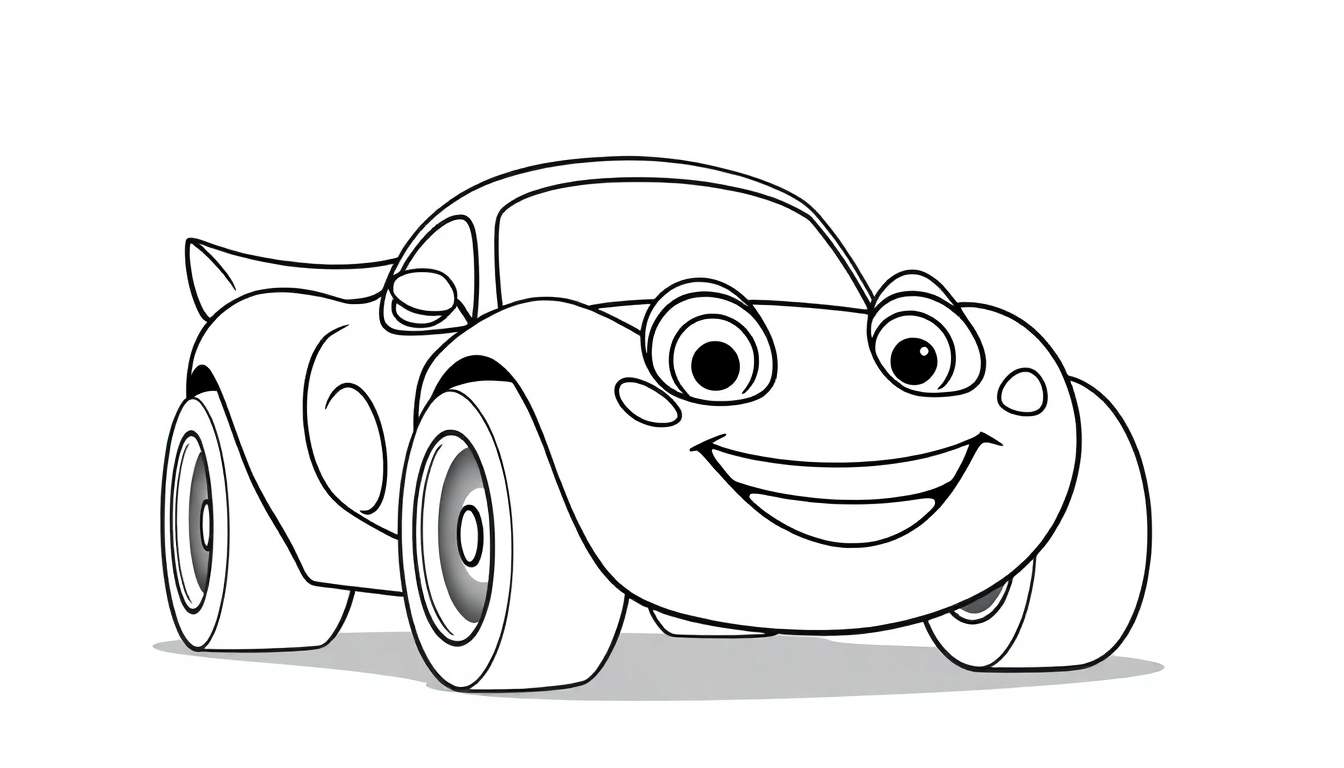 Un coche de carreras sonriente listo para colorear, con contornos gruesos en blanco y negro y una sombra gris debajo, ideal para una placa de color.