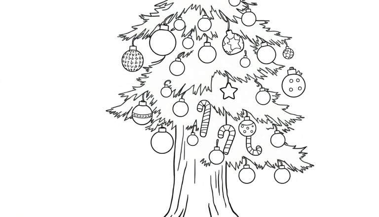 Un árbol de Navidad gigante para colorear, con muchas decoraciones en una placa de color.