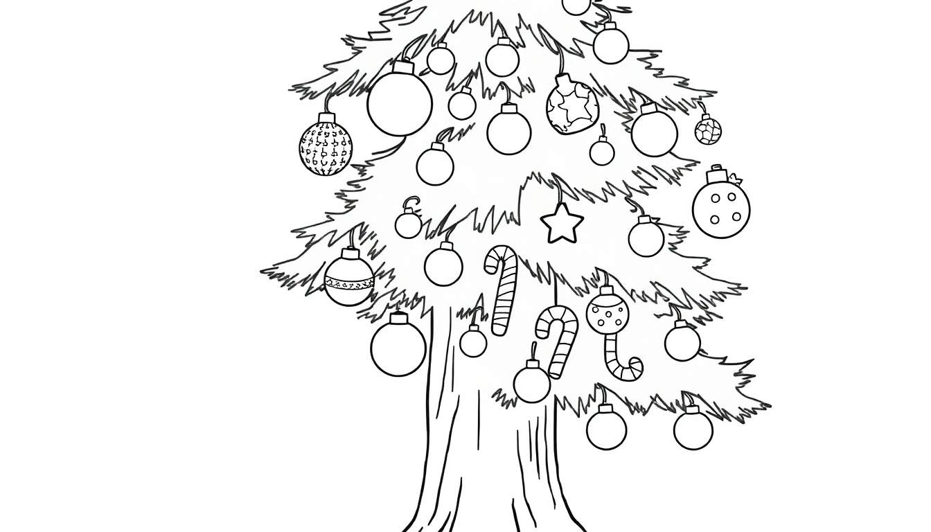 Un árbol de Navidad gigante para colorear, con muchas decoraciones en una placa de color.