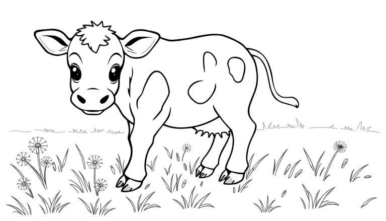 Un dibujo lineal de una vaca de estilo caricaturesco, lista para colorear en una placa de color.
