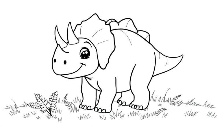 Placa de color de un Triceratops amigable sonriendo y listo para ser coloreado, con plantas simples alrededor.