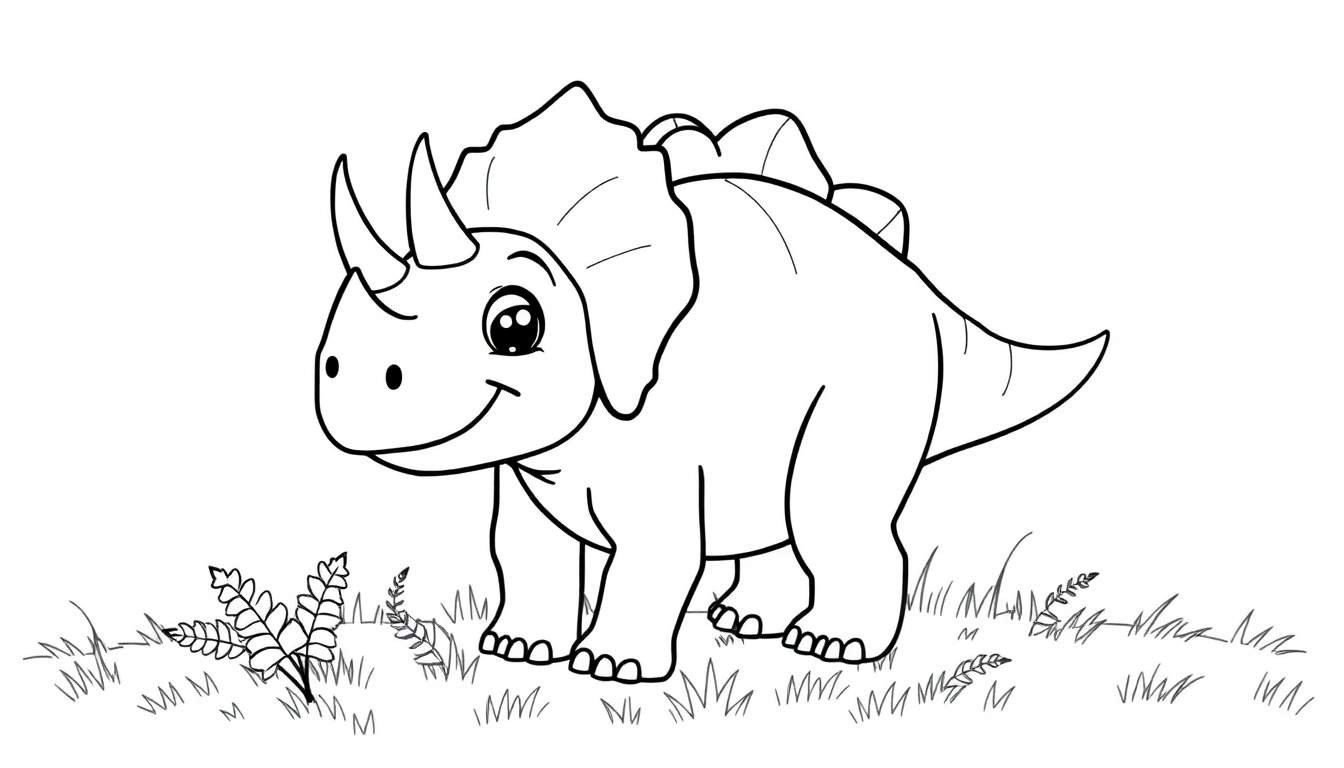 Placa de color de un Triceratops amigable sonriendo y listo para ser coloreado, con plantas simples alrededor.