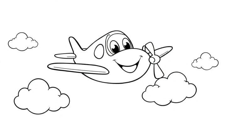 Un avión de caricatura sonriente, listo para colorear en su placa de color.