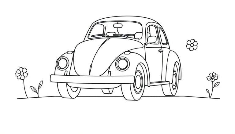 Un Volkswagen Escarabajo clásico de juguete listo para colorear, con flores alrededor. Una placa de color para dibujar.