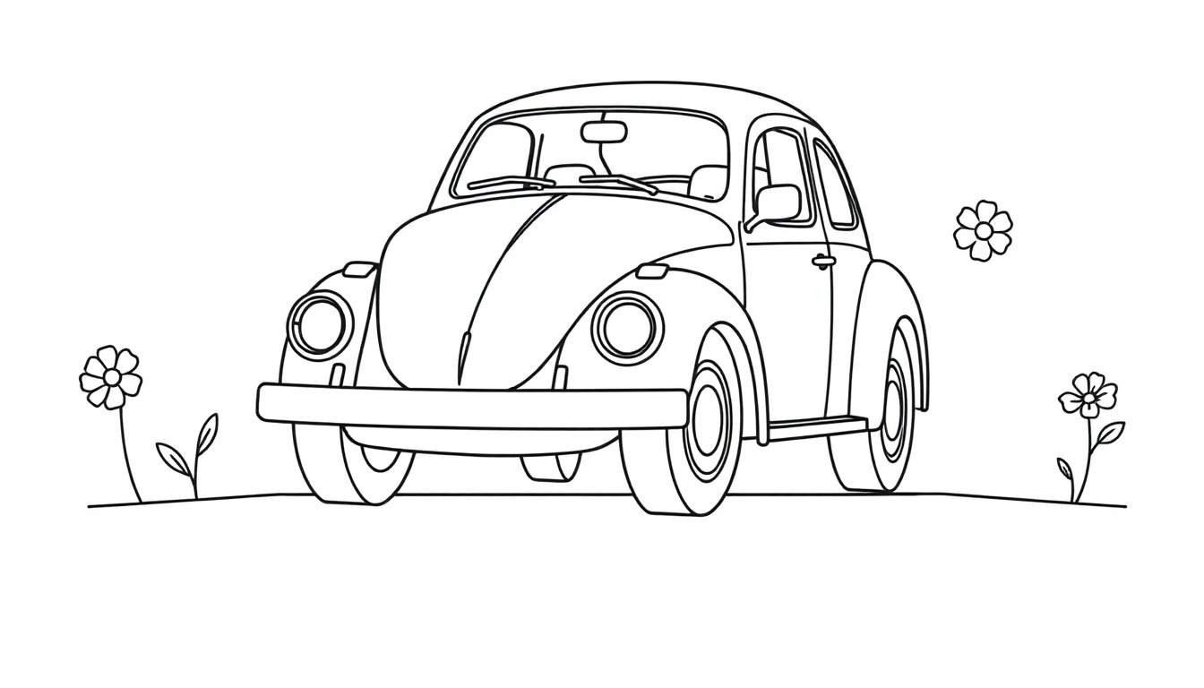 Un Volkswagen Escarabajo clásico de juguete listo para colorear, con flores alrededor. Una placa de color para dibujar.