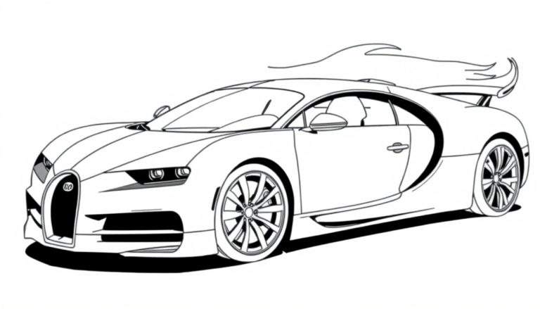 Un Bugatti Chiron en blanco y negro listo para colorear con una placa de color vibrante.