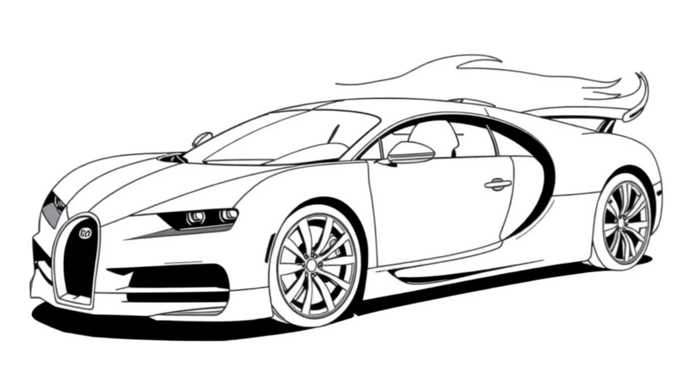 Un Bugatti Chiron en blanco y negro listo para colorear con una placa de color vibrante.