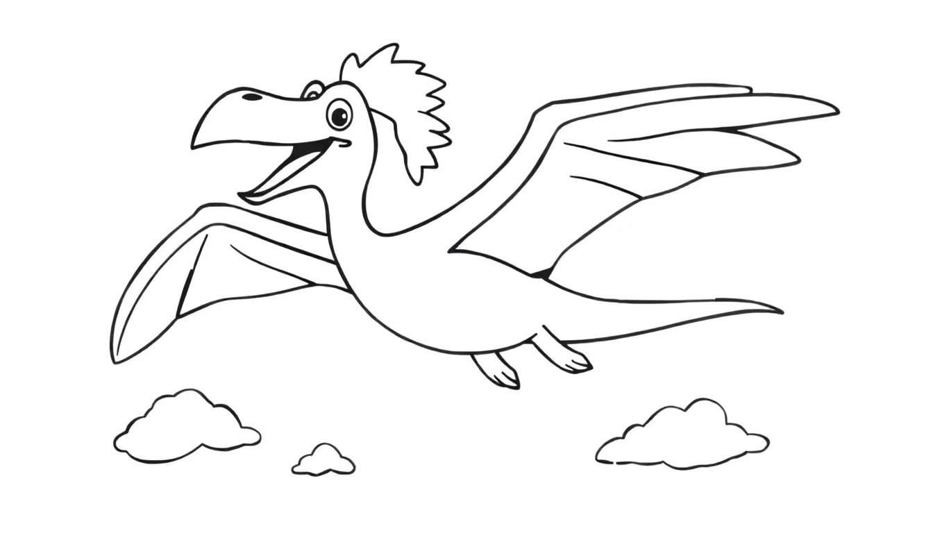 Pterodáctilo de dibujos animados blanco y negro con cresta voluminosa, volando entre nubes de dibujos animados, listo para colorear en la placa de color.