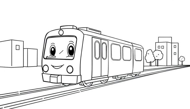 Un tren de dibujos animados sonriente y listo para colorear, con ventanas y ruedas, viajando por una vía férrea con edificios y árboles de fondo. Placa de color.