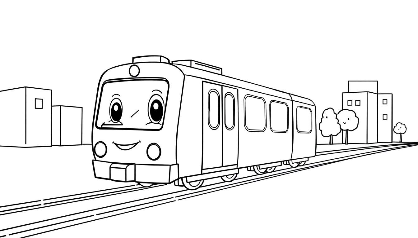 Un tren de dibujos animados sonriente y listo para colorear, con ventanas y ruedas, viajando por una vía férrea con edificios y árboles de fondo. Placa de color.