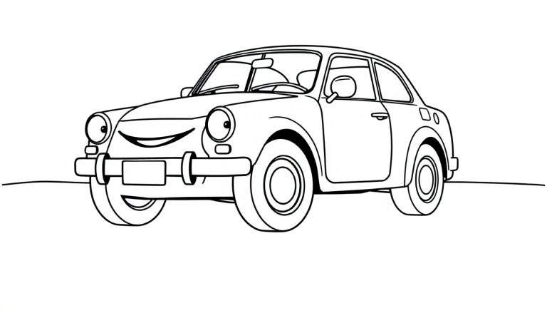 Un coche de dibujos animados de Toyota listo para colorear en blanco y negro, con grandes ruedas y una sonrisa amigable.
