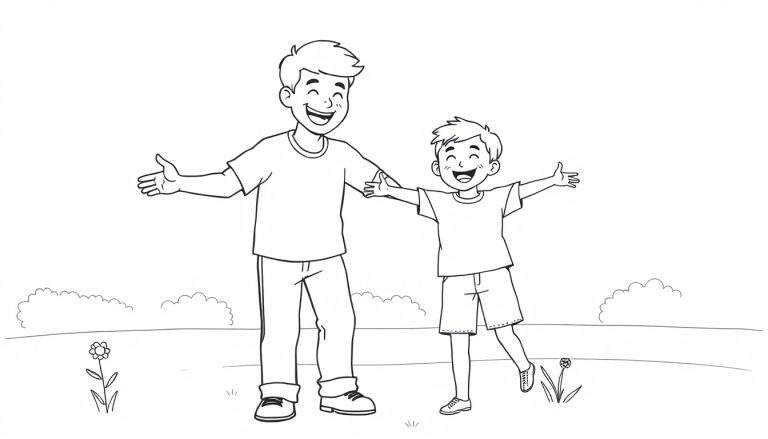 Papá y su hijo sonriendo con los brazos abiertos, listos para un abrazo en un campo de flores. Un dibujo para colorear con una placa de color vibrante.
