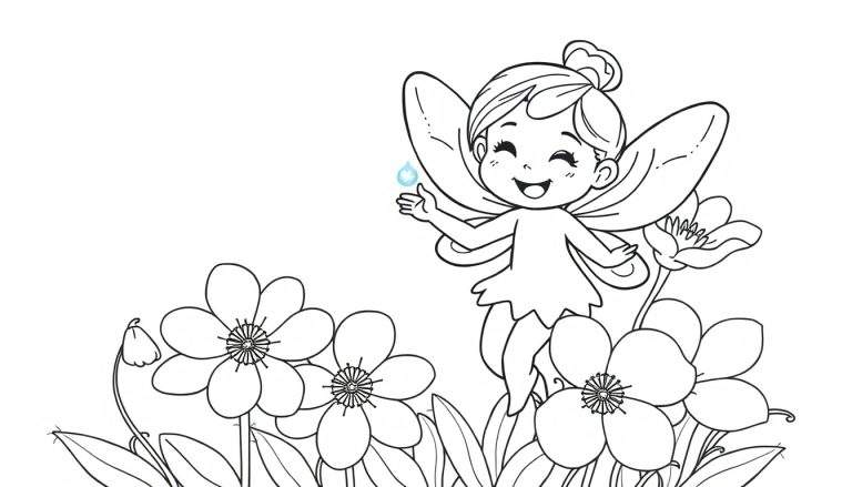 Un dibujo lineal de un hada linda sonriendo y sosteniendo una gota de agua, rodeada de flores, sin color, lista para la placa de color.