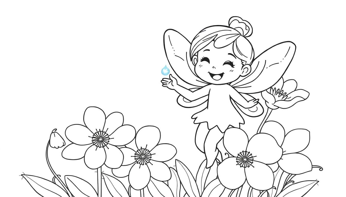 Un dibujo lineal de un hada linda sonriendo y sosteniendo una gota de agua, rodeada de flores, sin color, lista para la placa de color.