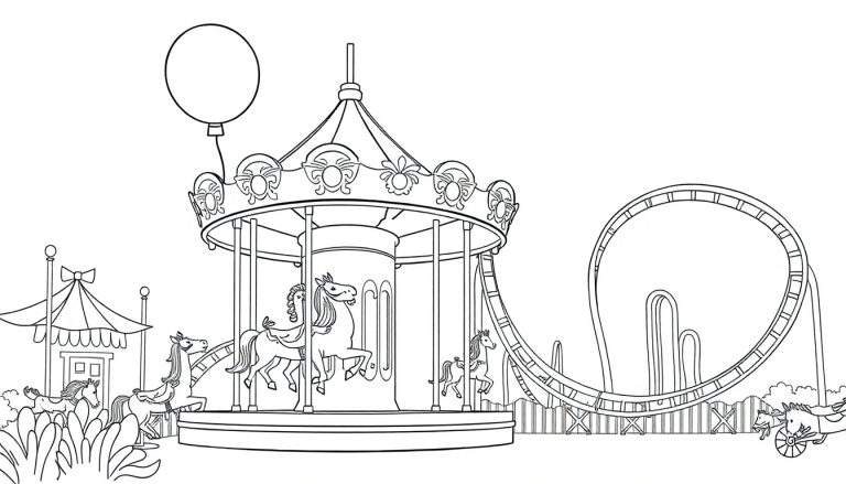 Dibujo lineal de un parque de atracciones para colorear, con un carrusel, globo y montaña rusa.