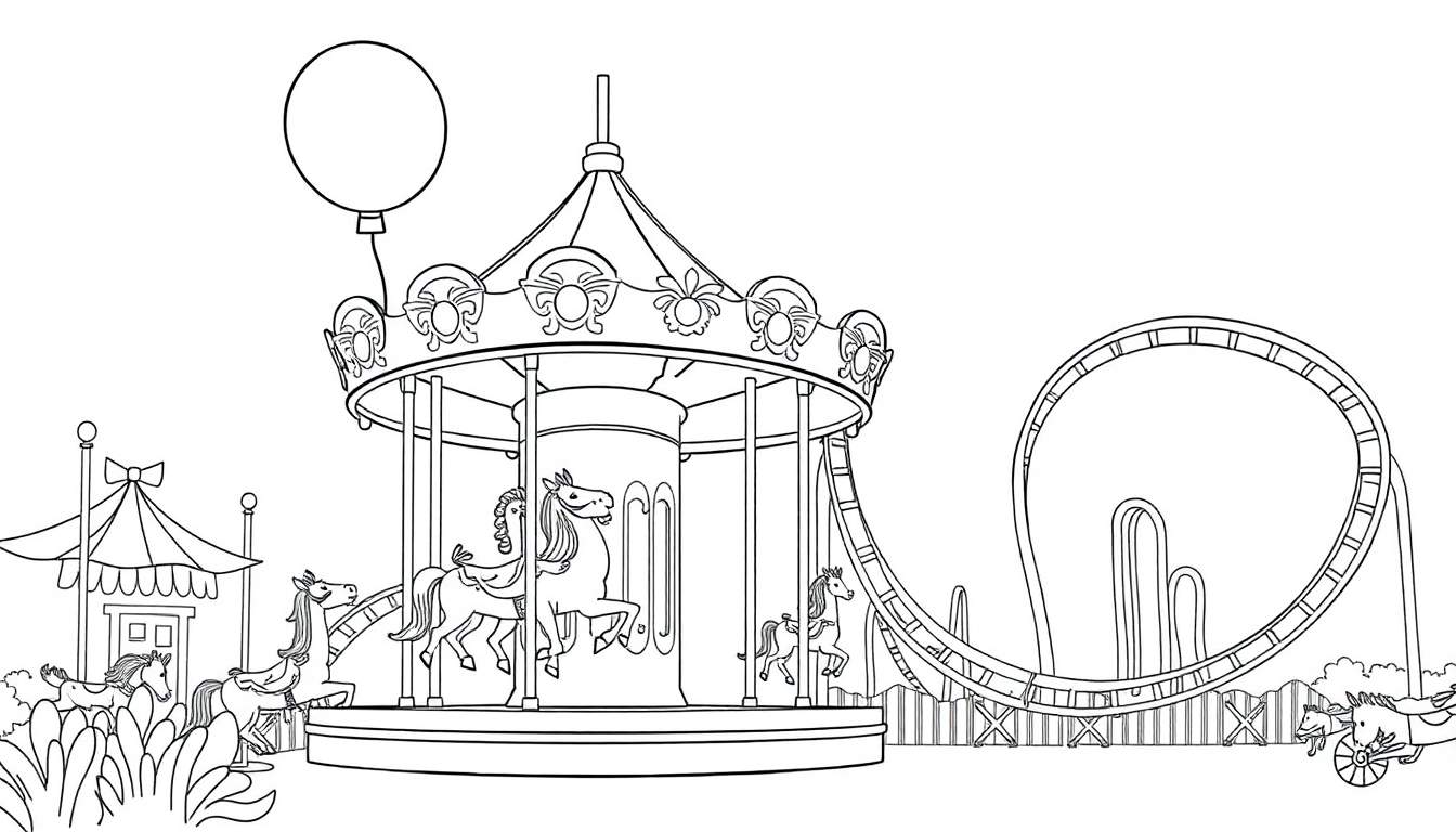 Dibujo lineal de un parque de atracciones para colorear, con un carrusel, globo y montaña rusa.