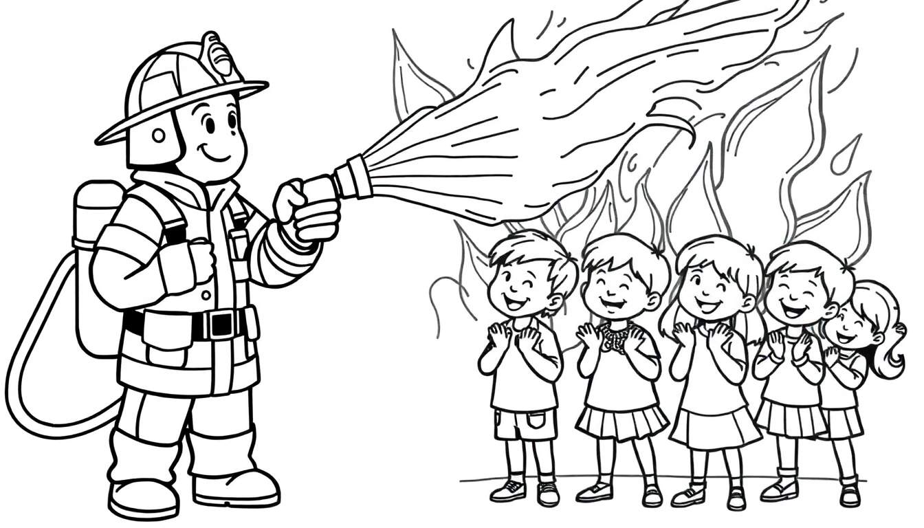 Placa de color: un bombero sonriente apaga un fuego, rodeado de niños que aplauden.