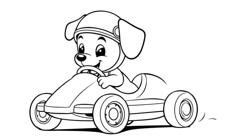 Perro de dibujos animados con casco conduciendo un coche de carreras, listo para colorear en la placa de color.